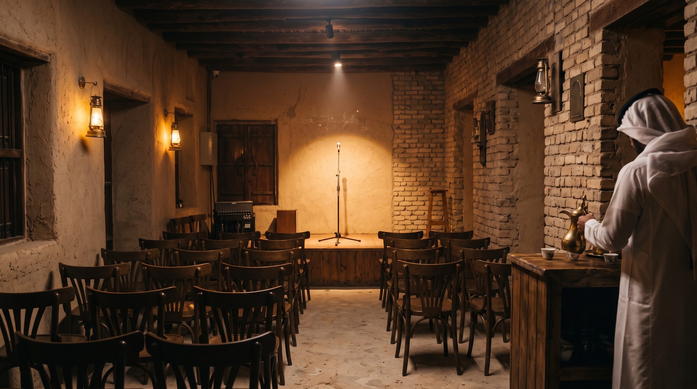 A small room with rows of wooden chairs facing a microphone on a low stage, lanterns on mud-brick walls