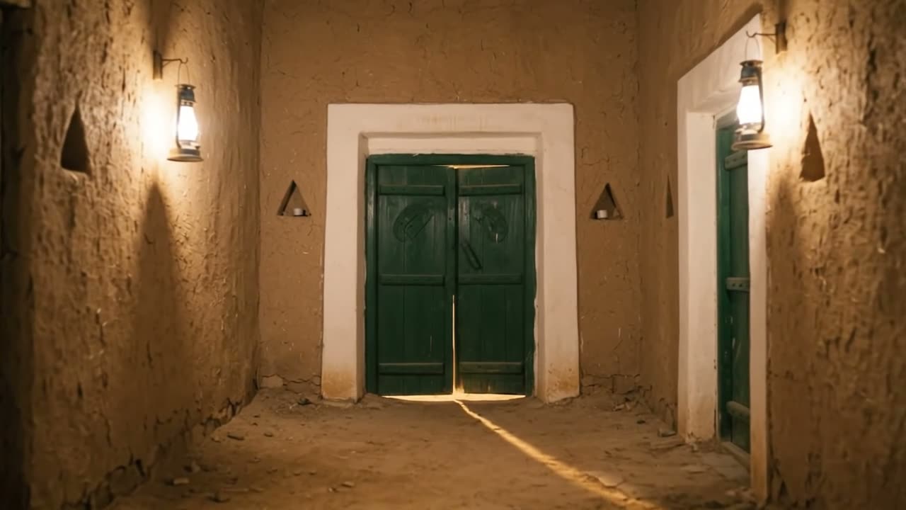 A green door at the end of a lane in old Riyadh, light beneath it